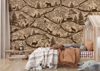 Nordic Nature Beige Brown Wall Mural with bear and woodland detail, GD9190