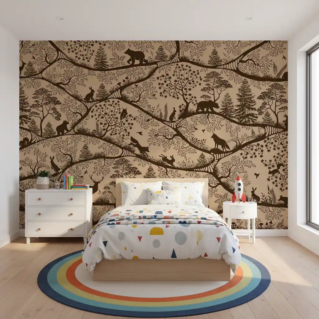 Kids room wall styled with Nordic Nature Beige Brown Wall Mural pattern, GD9190