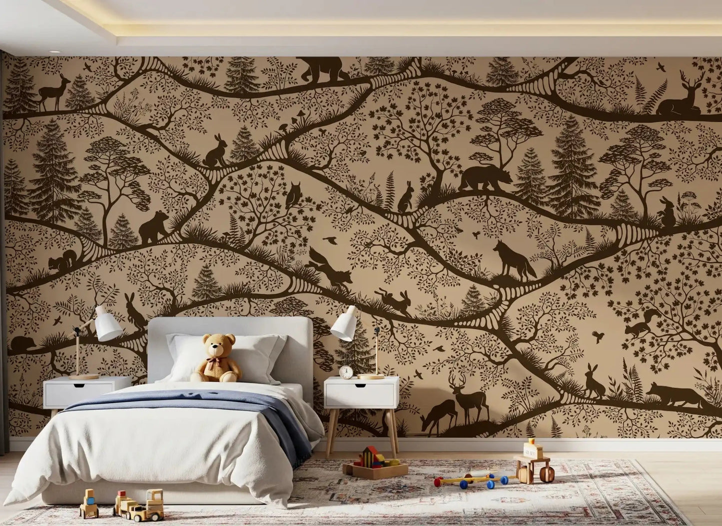 Dense tree silhouettes define Nordic Nature Beige Brown Wall Mural, GD9190