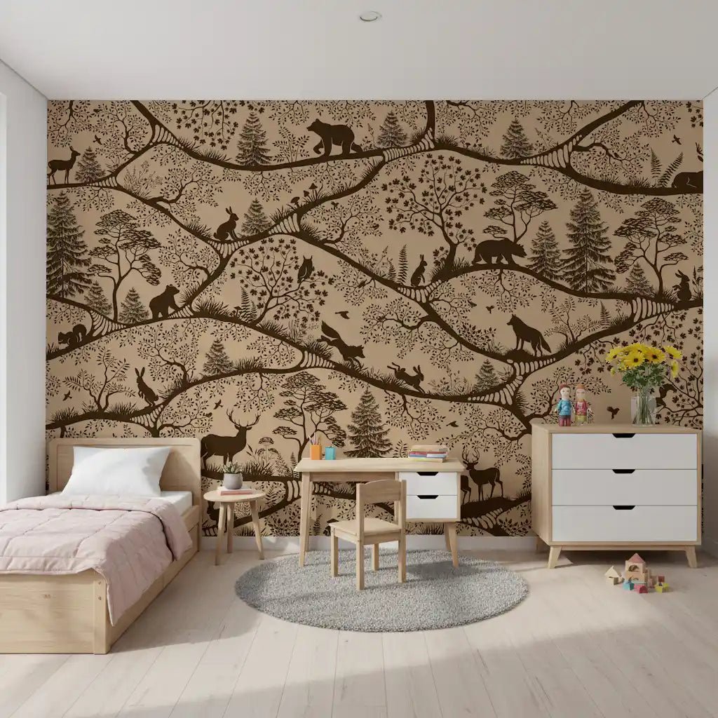 Layered branch pattern in Nordic Nature Beige Brown Wall Mural design, GD9190