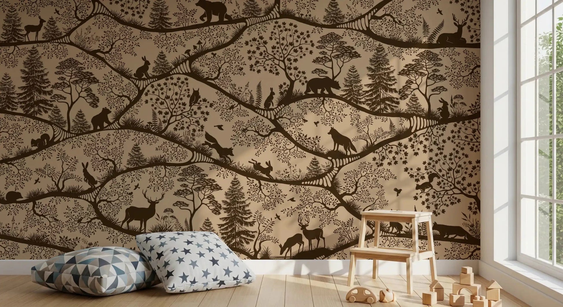 Woodland animals and trees in Nordic Nature Beige Brown Wall Mural, GD9190