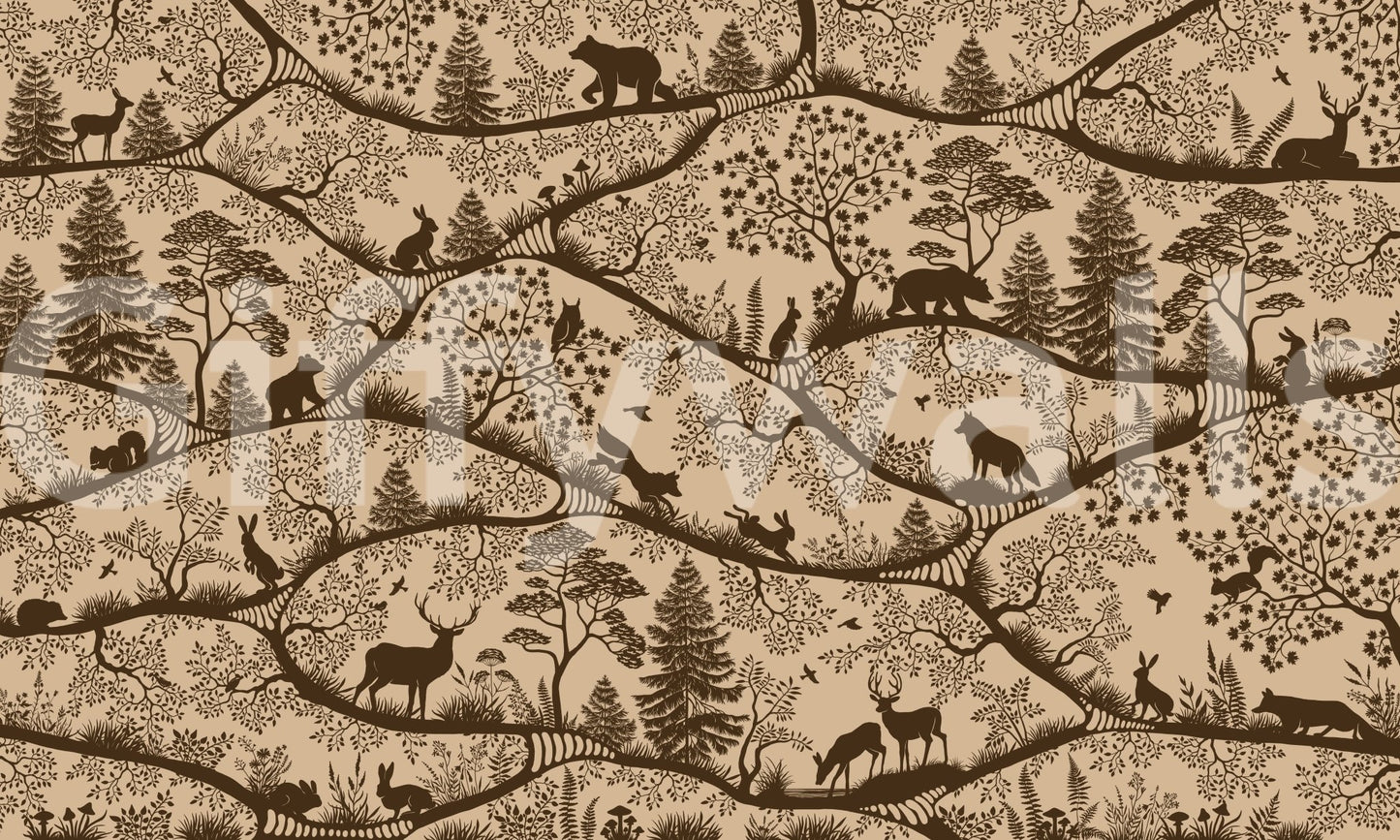 Nordic Nature Beige Brown Wall Mural featuring rabbits and deer, GD9190