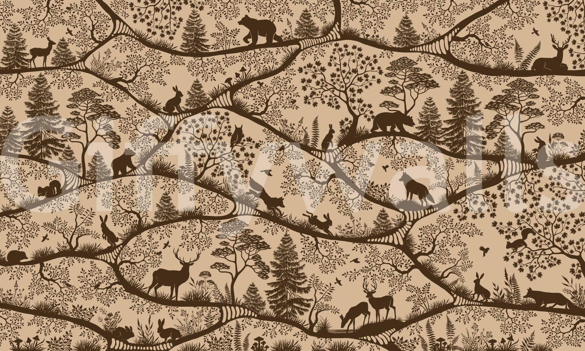 Nordic Nature Beige Brown Wall Mural featuring rabbits and deer, GD9190