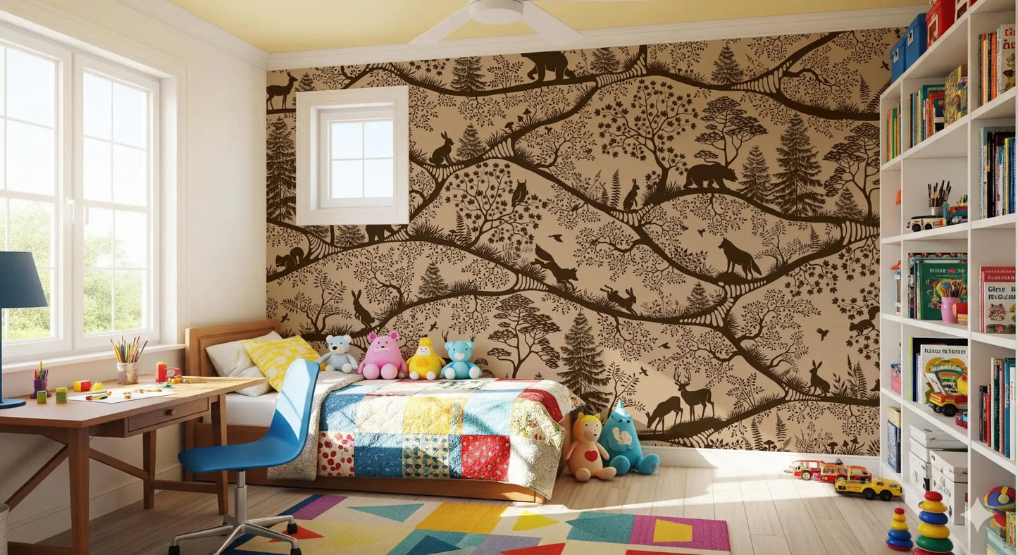 Scandinavian forest scene in Nordic Nature Beige Brown Wall Mural, GD9190