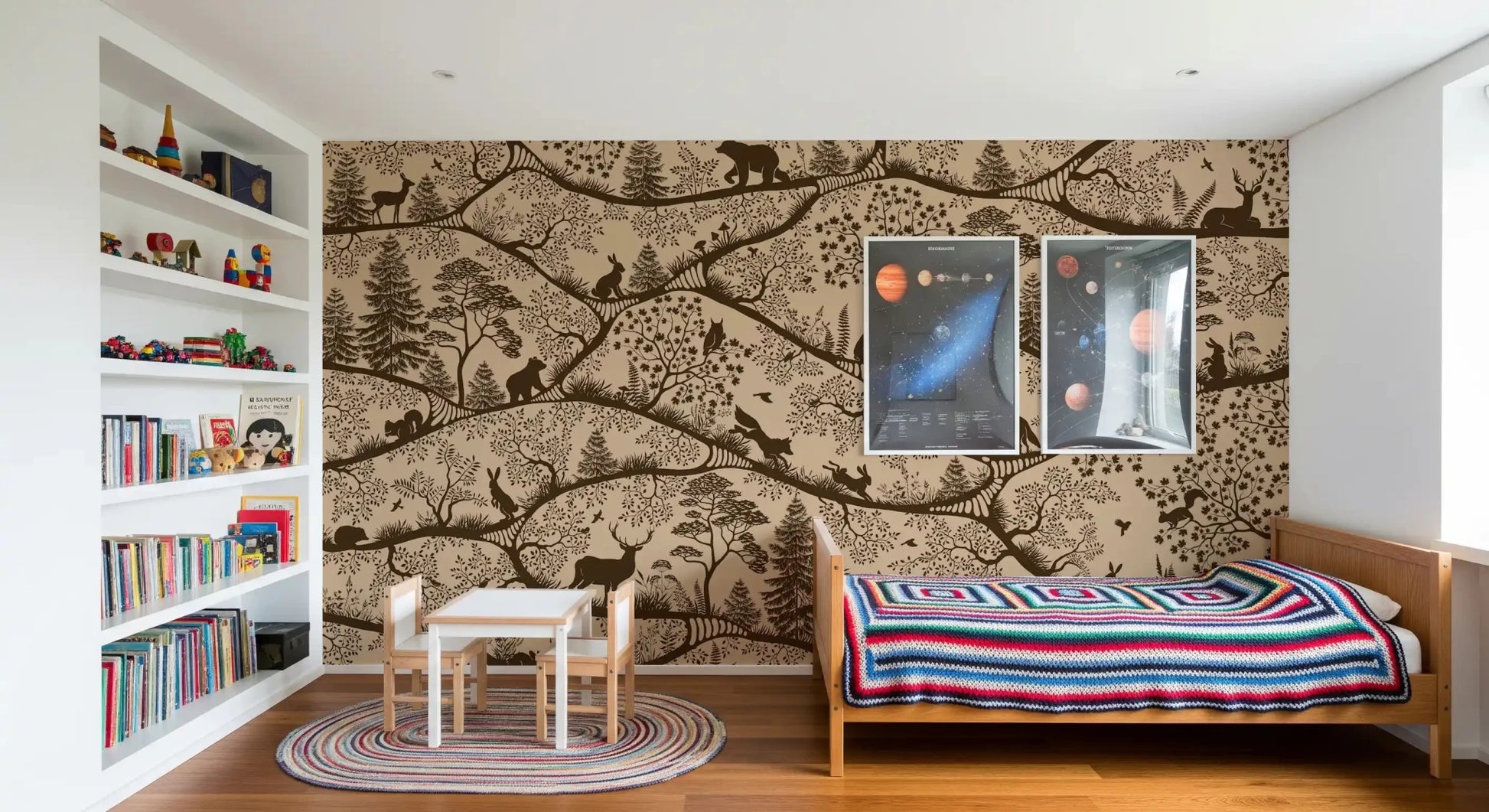 Nordic Nature Beige Brown Wall Mural with animals across branches, GD9190