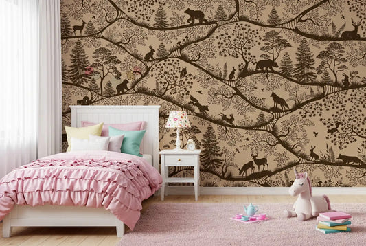 Nordic Nature Beige Brown Wall Mural forest silhouettes in bedroom