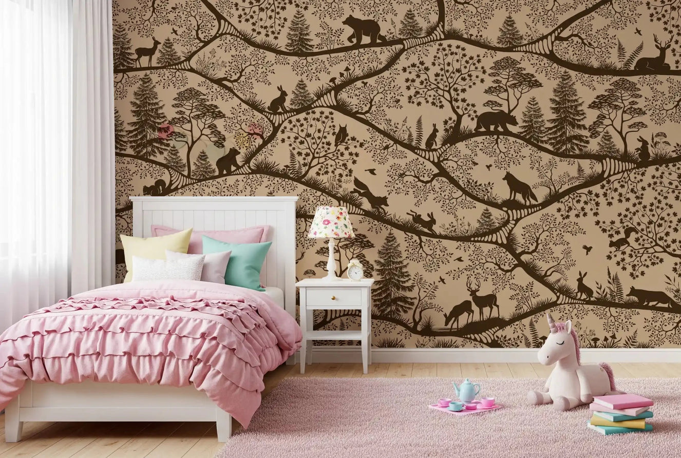 Nordic Nature Beige Brown Wall Mural forest silhouettes in bedroom