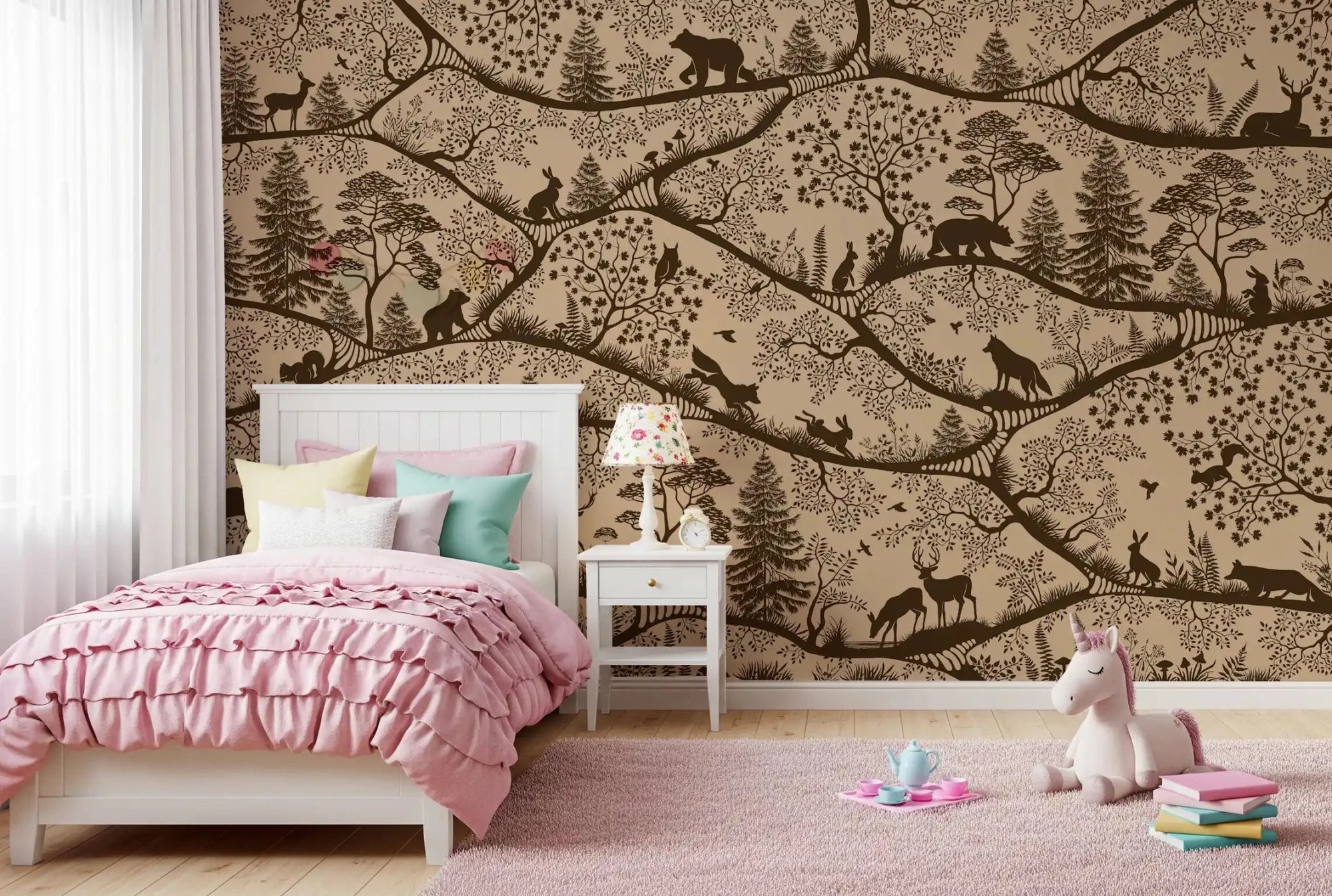 Nordic Nature Beige Brown Wall Mural forest silhouettes in bedroom, GD9190