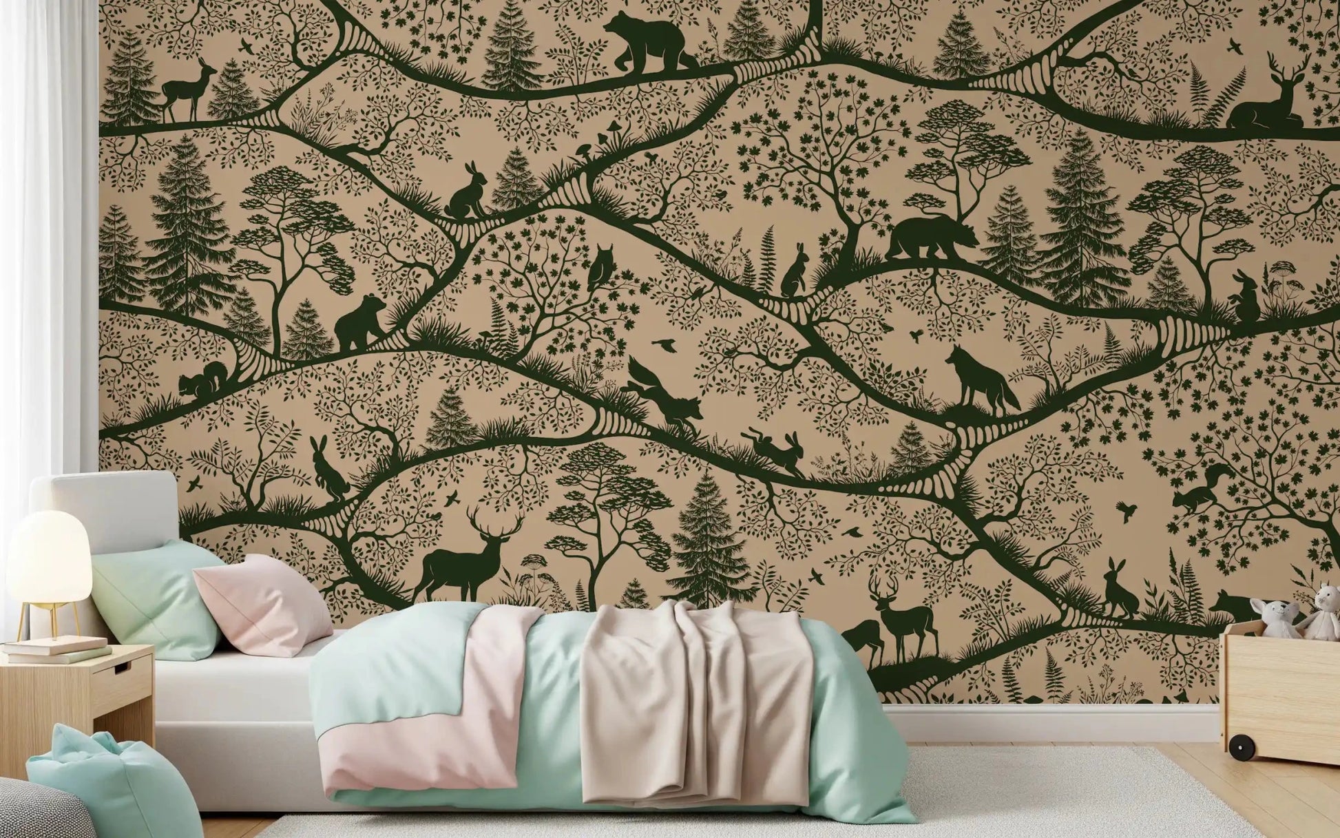 Scandinavian forest flow in Nordic Nature Beige Green Wall Mural, GD9191