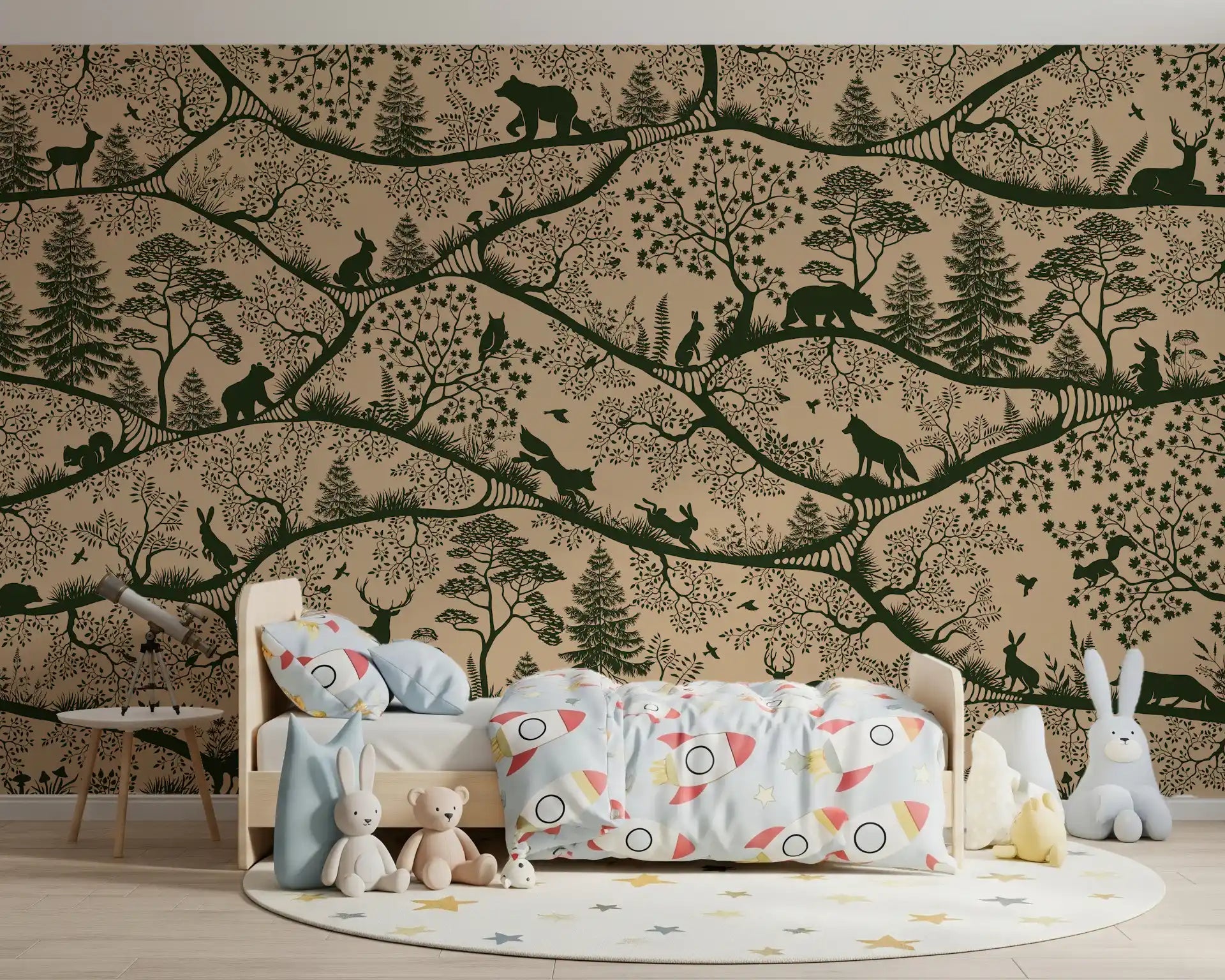 Nordic Nature Beige Green Wall Mural showing deer and wildlife detail, GD9191