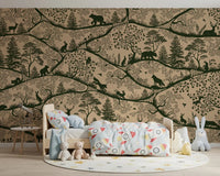 Nordic Nature Beige Green Wall Mural showing deer and wildlife detail, GD9191