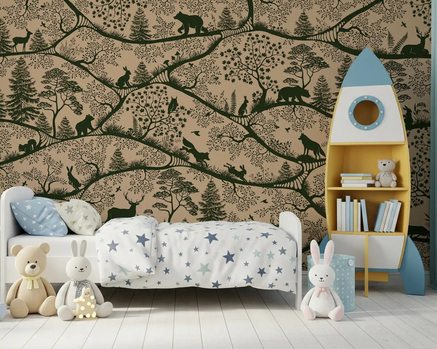 Boys room with Nordic Nature Beige Green Wall Mural tree silhouettes, GD9191