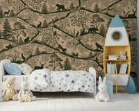 Boys room with Nordic Nature Beige Green Wall Mural tree silhouettes, GD9191