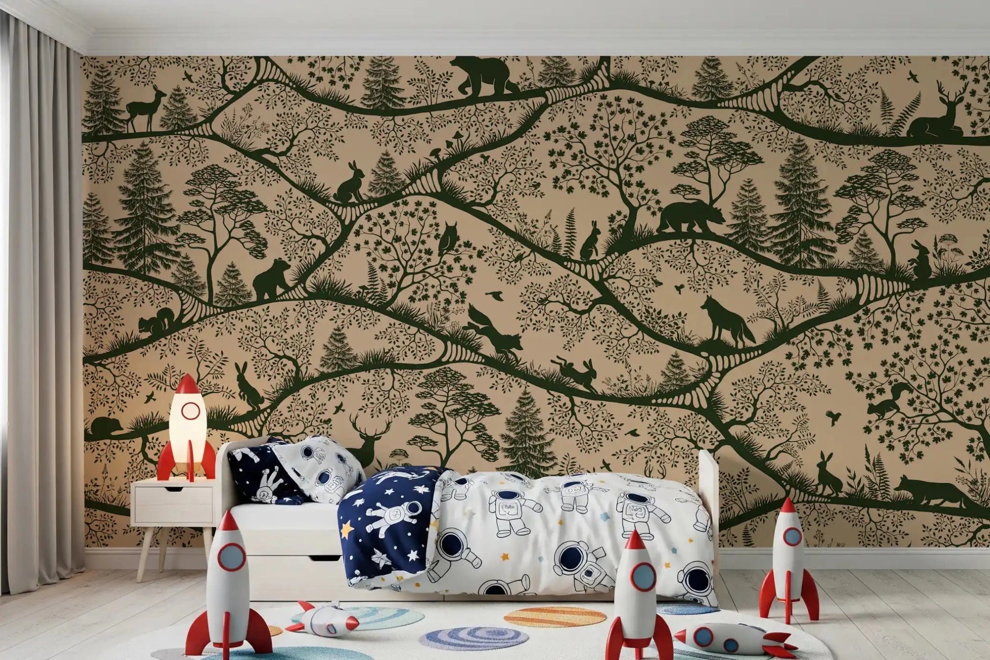 Nordic Nature Beige Green Wall Mural with bear and fox silhouettes, GD9191