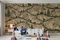 Nordic Nature Beige Green Wall Mural with bear and fox silhouettes, GD9191