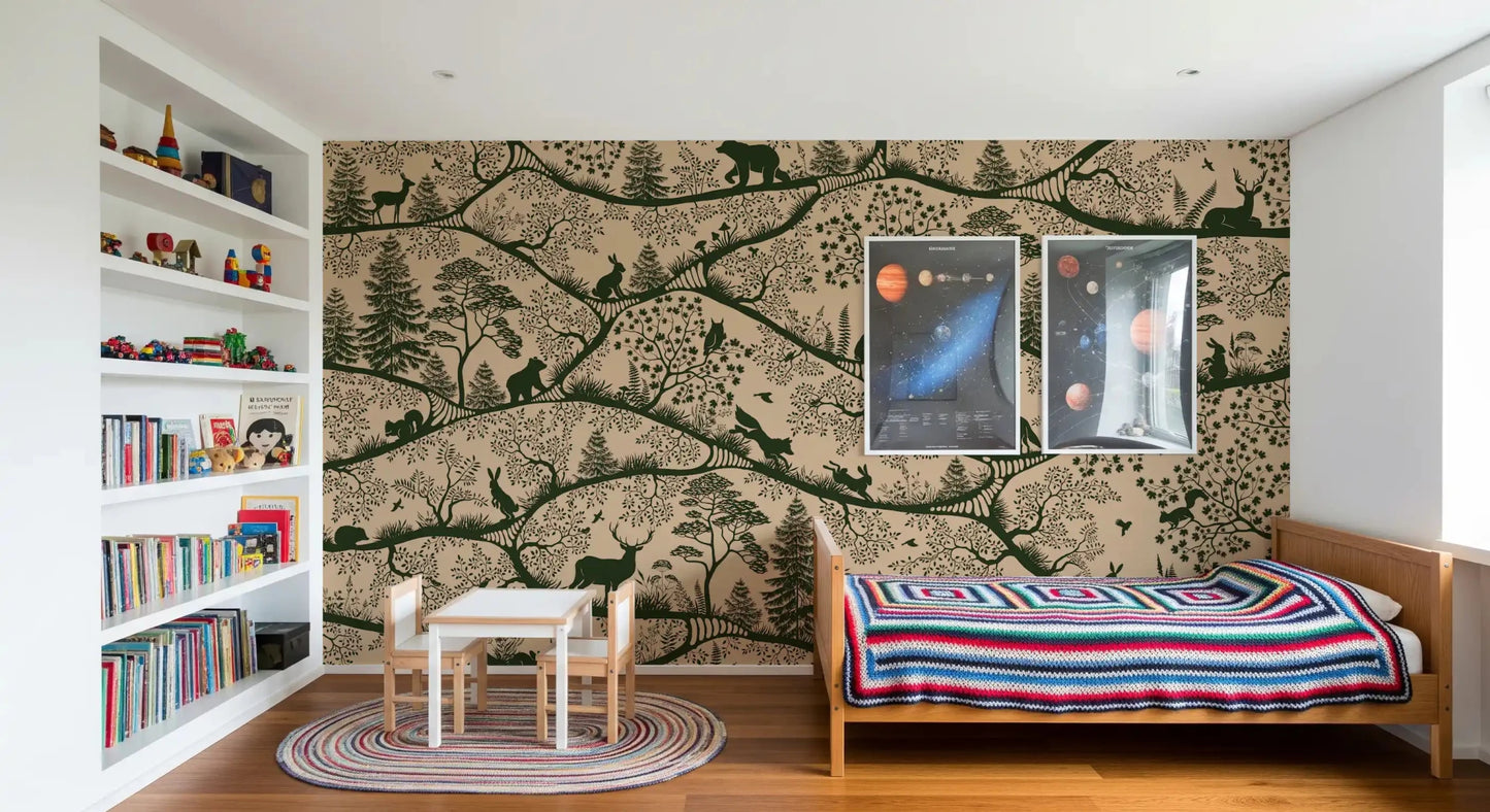 Bedroom with Nordic Nature Beige Green Wall Mural forest scene, GD9191