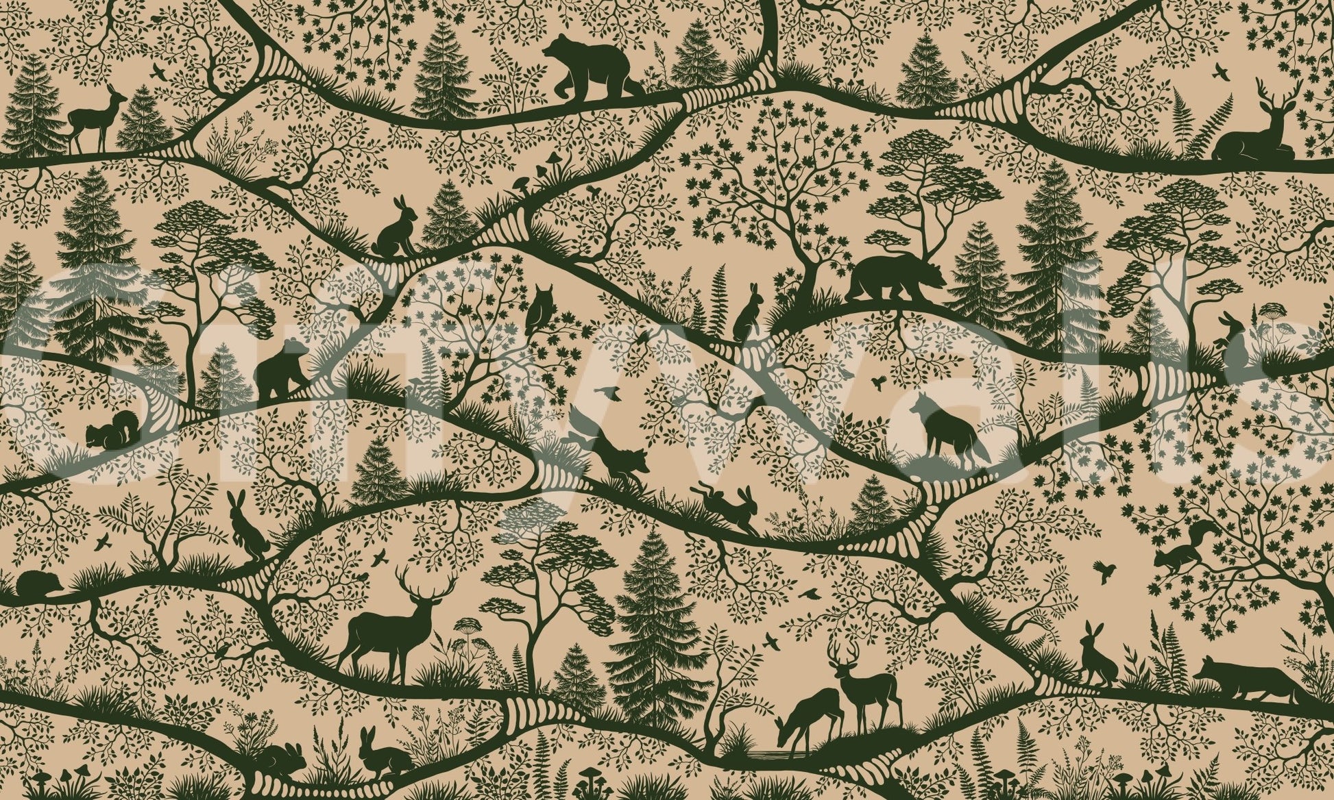 Nordic Nature Beige Green Wall Mural with dense foliage detailing, GD9191