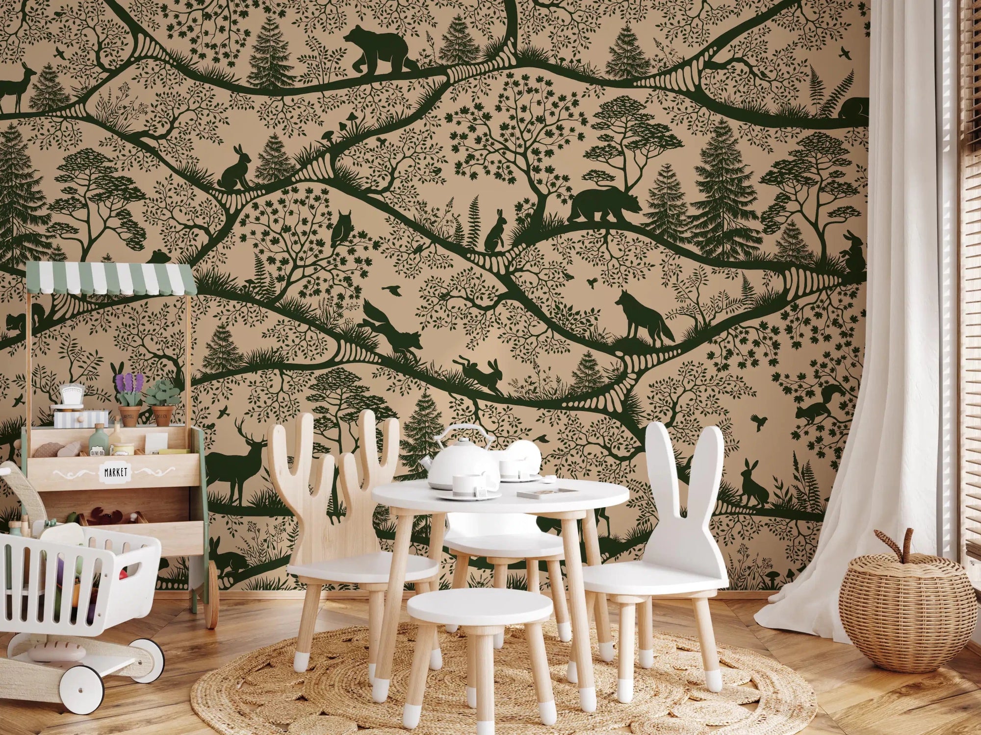 Nursery styled in Nordic Nature Beige Green Wall Mural branch pattern, GD9191
