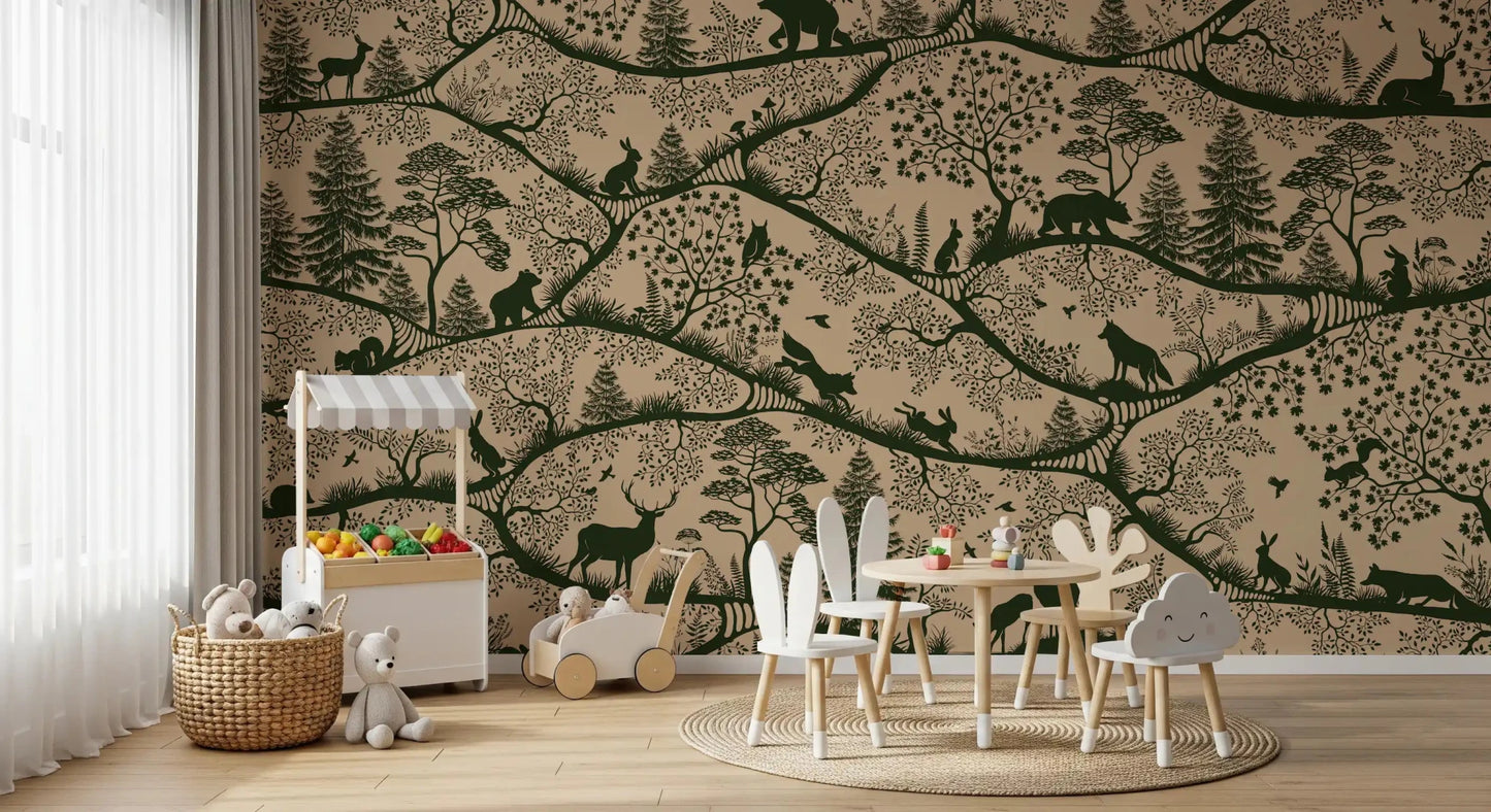 Forest silhouettes across Nordic Nature Beige Green Wall Mural design, GD9191