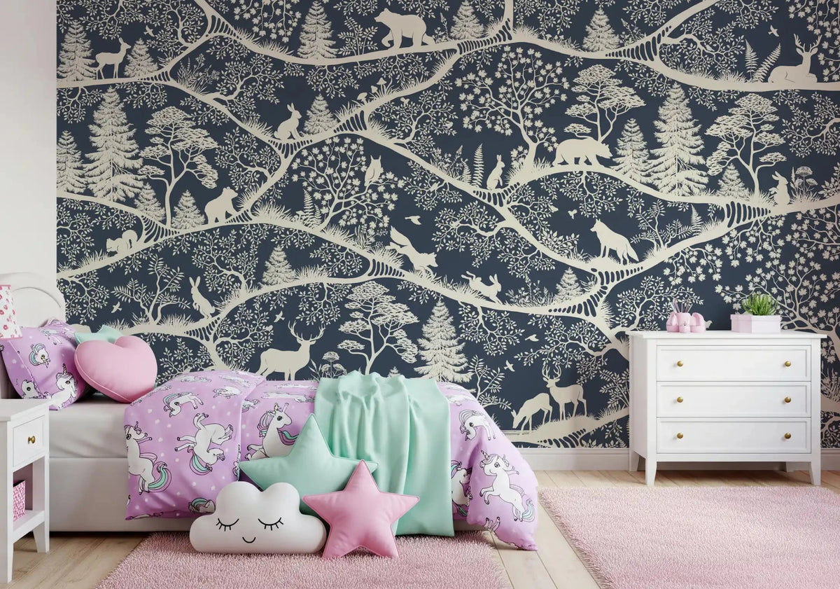 Bedroom styled with Nordic Nature Blue White Wall Mural forest, GD9192
