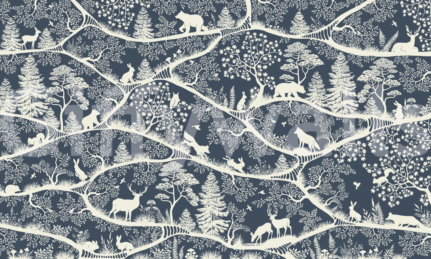 Nordic Nature Blue White Wall Mural with detailed foliage shapes, GD9192