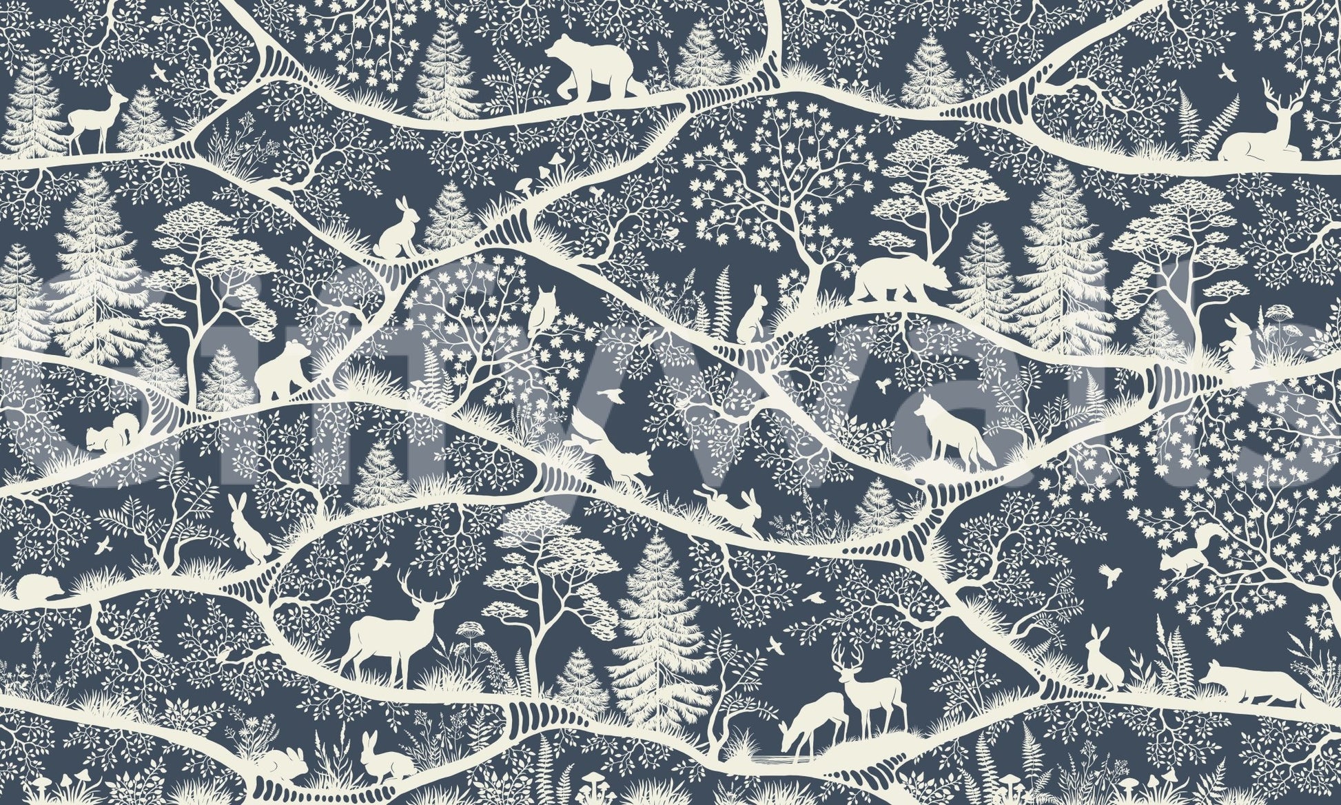 Nordic Nature Blue White Wall Mural with detailed foliage shapes, GD9192
