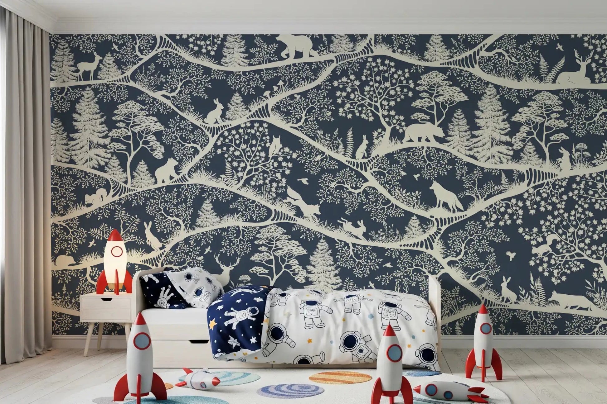 Scandinavian woodland scene in Nordic Nature Blue White Wall Mural, GD9192