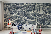 Scandinavian woodland scene in Nordic Nature Blue White Wall Mural, GD9192