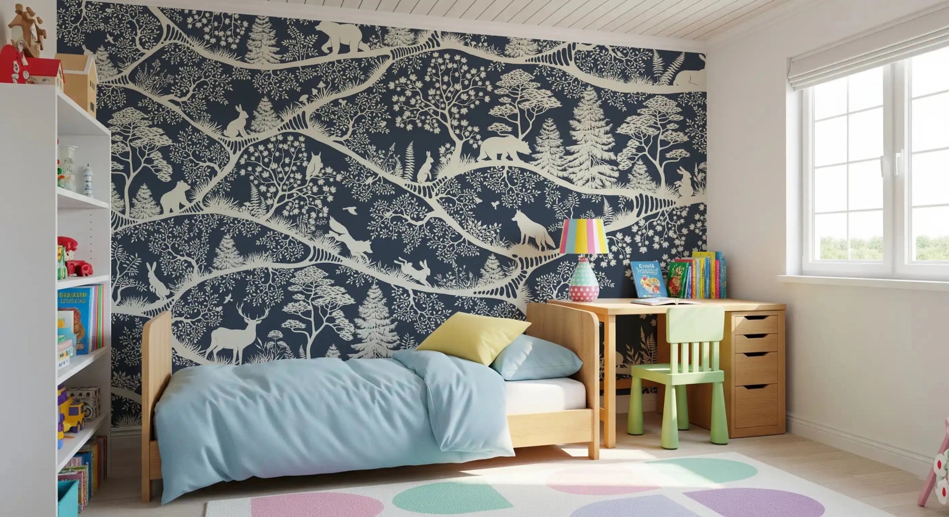 Kids room using Nordic Nature Blue White Wall Mural silhouettes, GD9192
