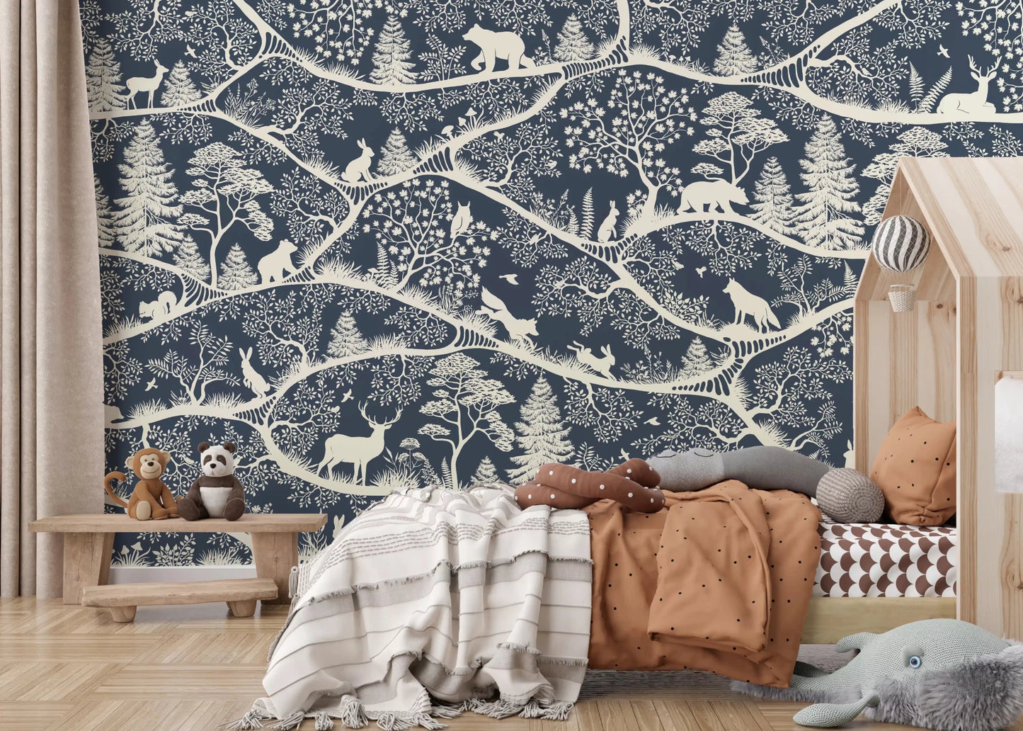 Nursery wall with Nordic Nature Blue White Wall Mural branch design, GD9192