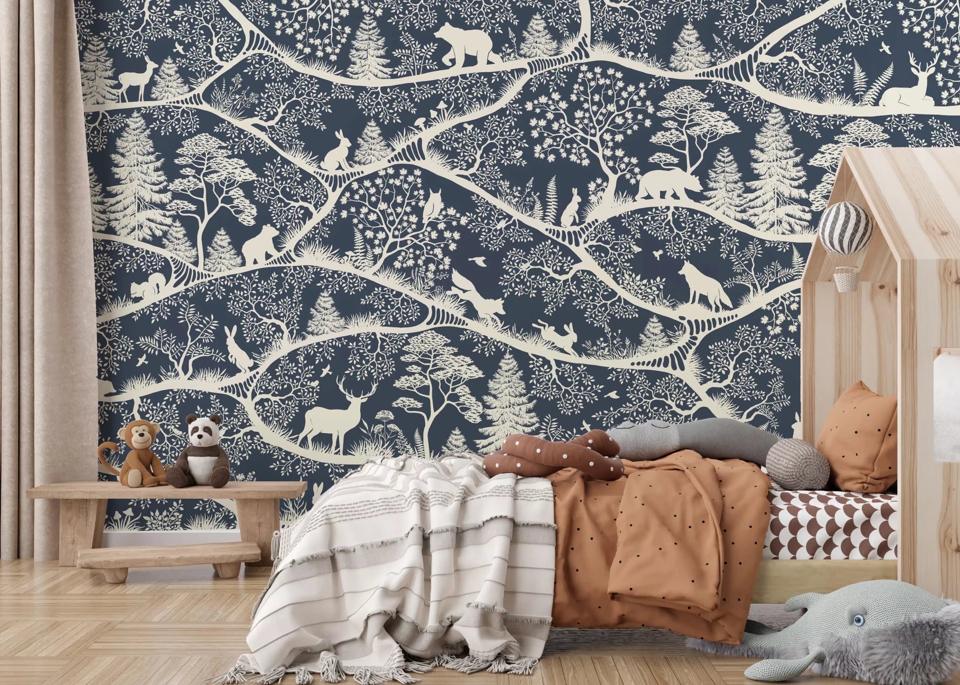 Nursery wall with Nordic Nature Blue White Wall Mural branch design, GD9192