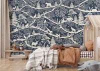 Nursery wall with Nordic Nature Blue White Wall Mural branch design, GD9192