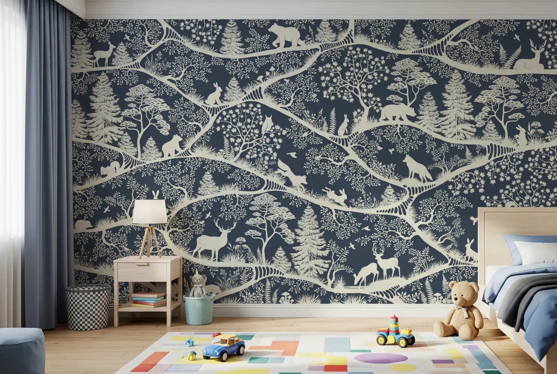 Nordic Nature Blue White Wall Mural showing layered tree branches, GD9192