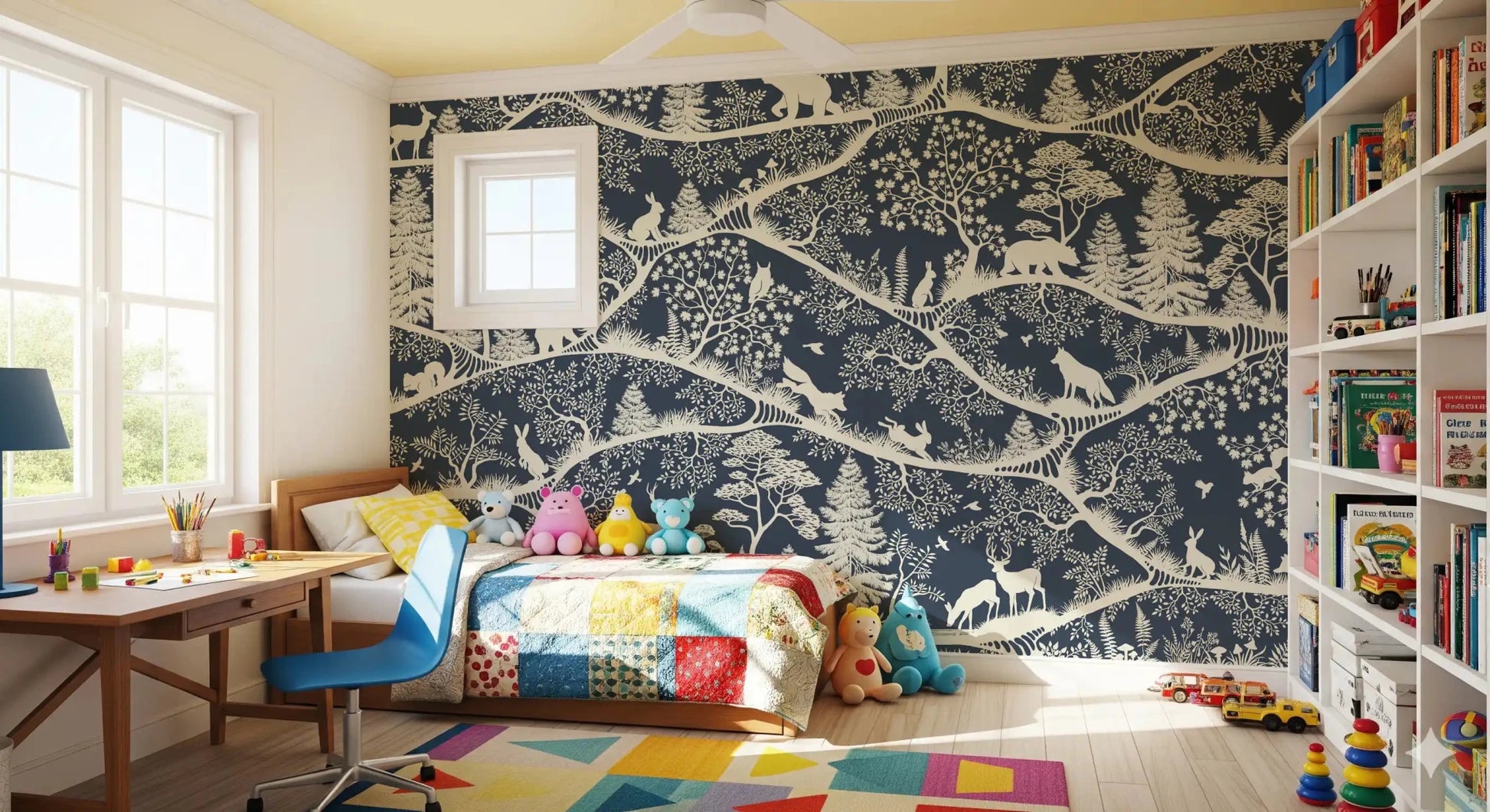 Forest animals arranged in Nordic Nature Blue White Wall Mural, GD9192