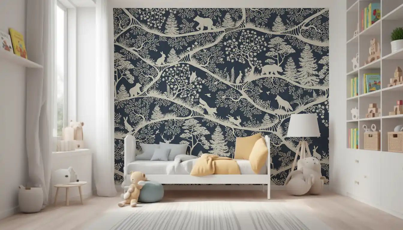 Bedroom featuring Nordic Nature Blue White Wall Mural animal layout, GD9192