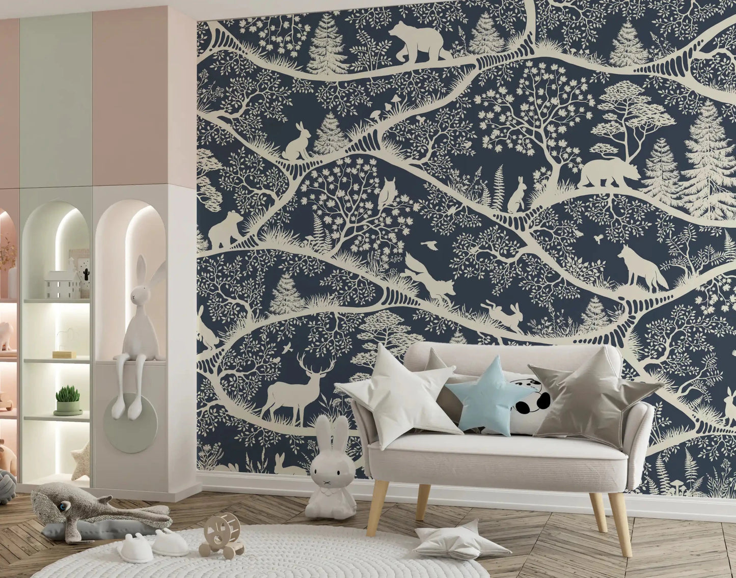 Nordic Nature Blue White Wall Mural with deer and bear figures, GD9192