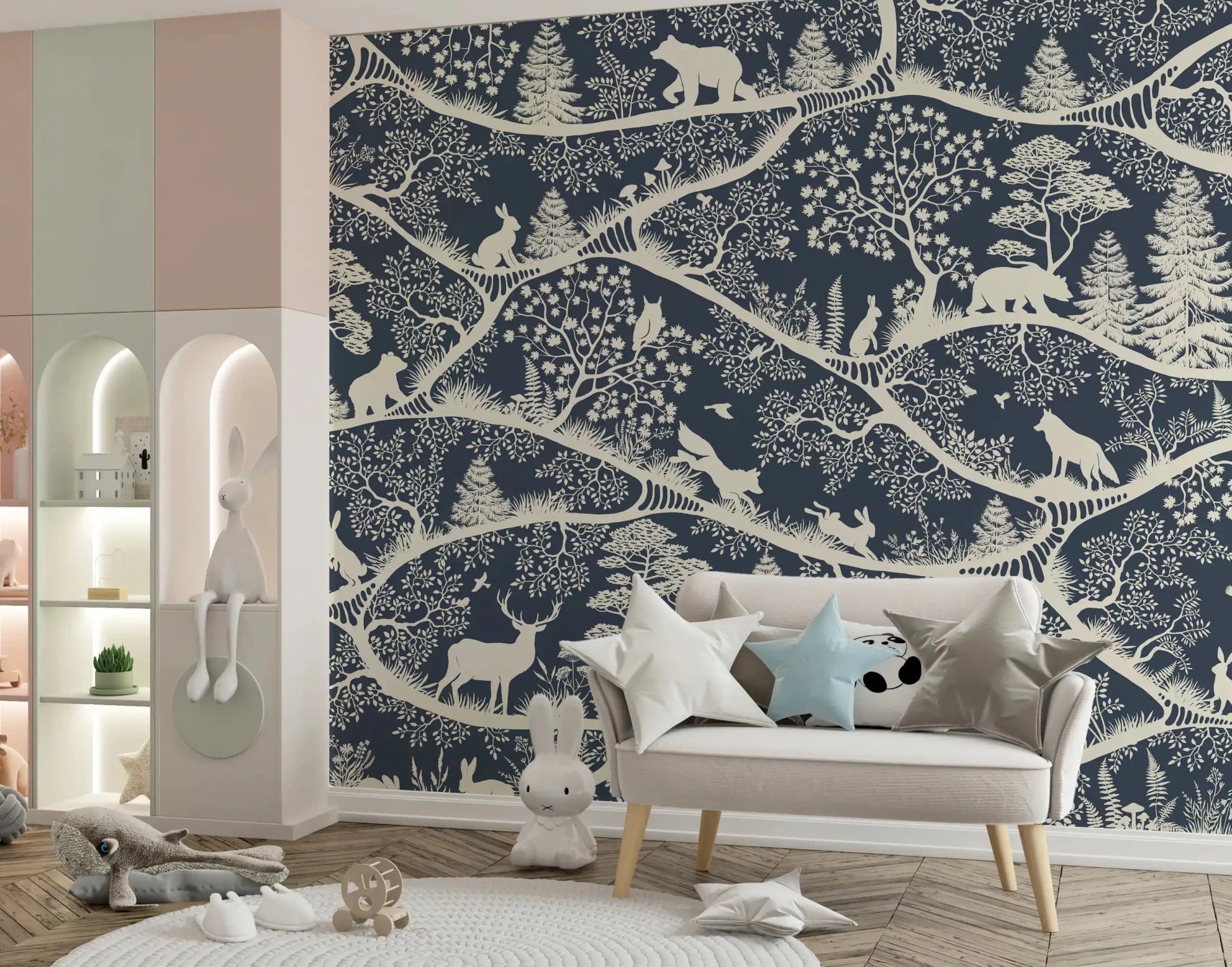Nordic Nature Blue White Wall Mural with deer and bear figures, GD9192