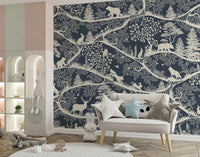 Nordic Nature Blue White Wall Mural with deer and bear figures, GD9192