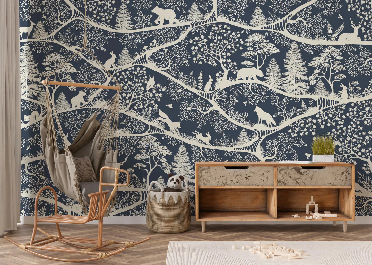 White silhouettes spread across Nordic Nature Blue White Wall Mural, GD9192