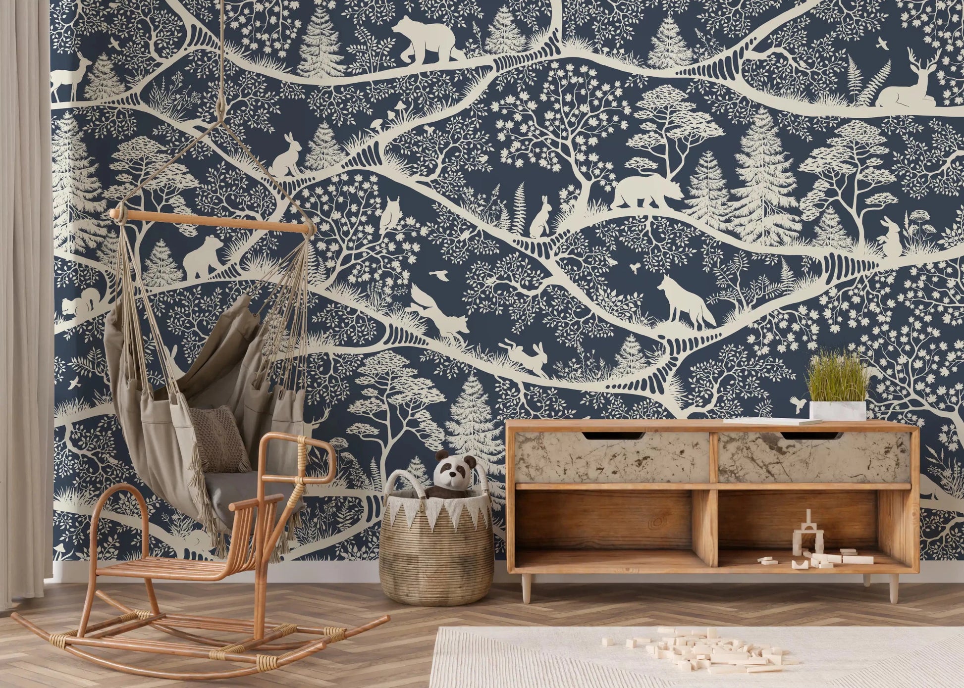 White silhouettes spread across Nordic Nature Blue White Wall Mural, GD9192