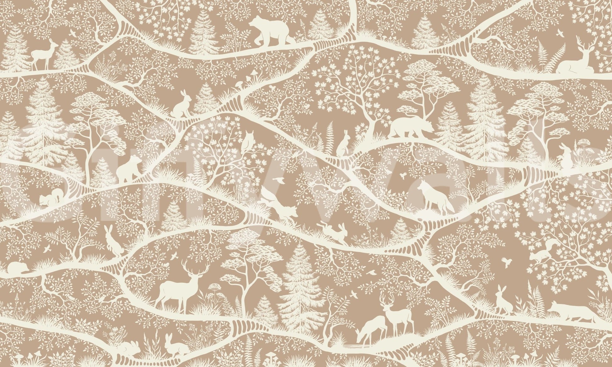 Nordic Nature Brown White Wall Mural with layered woodland design, GD9193