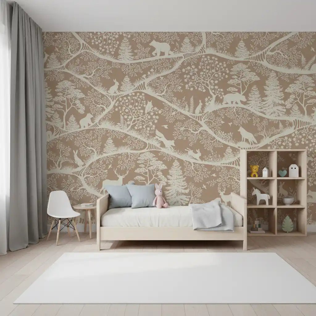 Bedroom set with Nordic Nature Brown White Wall Mural woodland