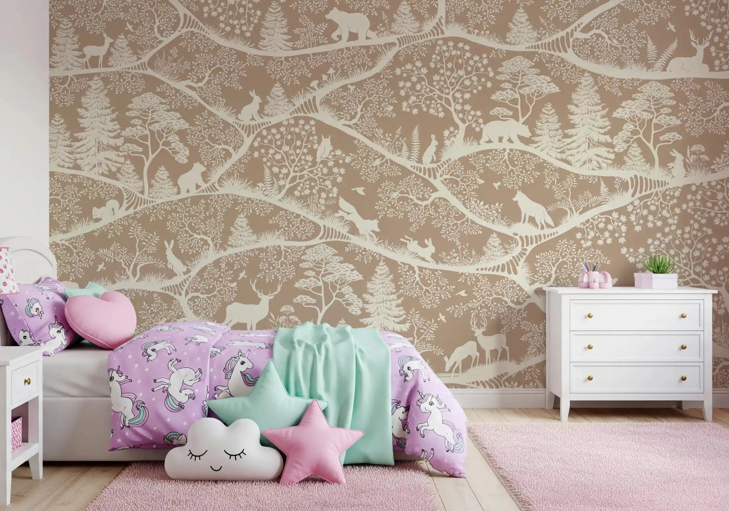 Nordic Nature Brown White Wall Mural with deer and bird figures, GD9193