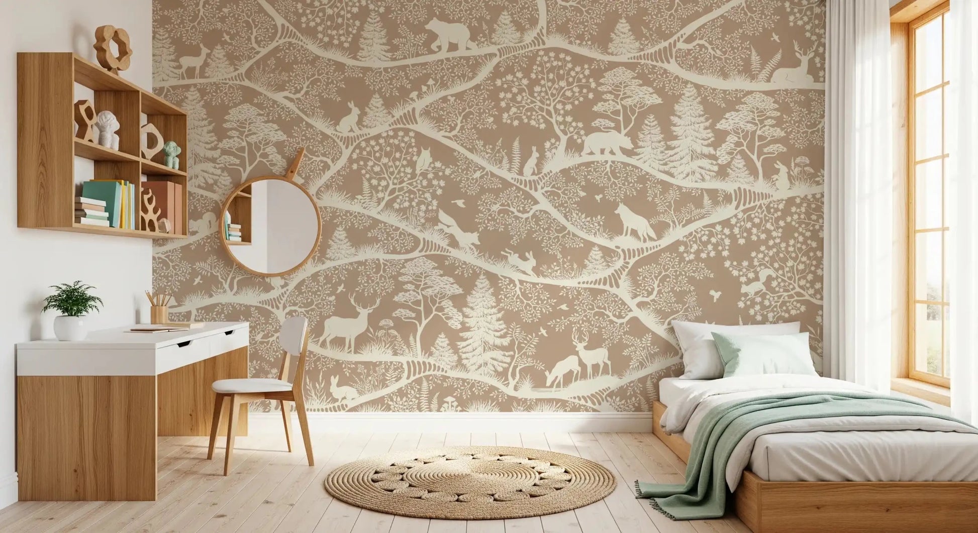 Nordic Nature Brown White Wall Mural featuring animal silhouettes, GD9193