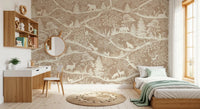Nordic Nature Brown White Wall Mural featuring animal silhouettes, GD9193