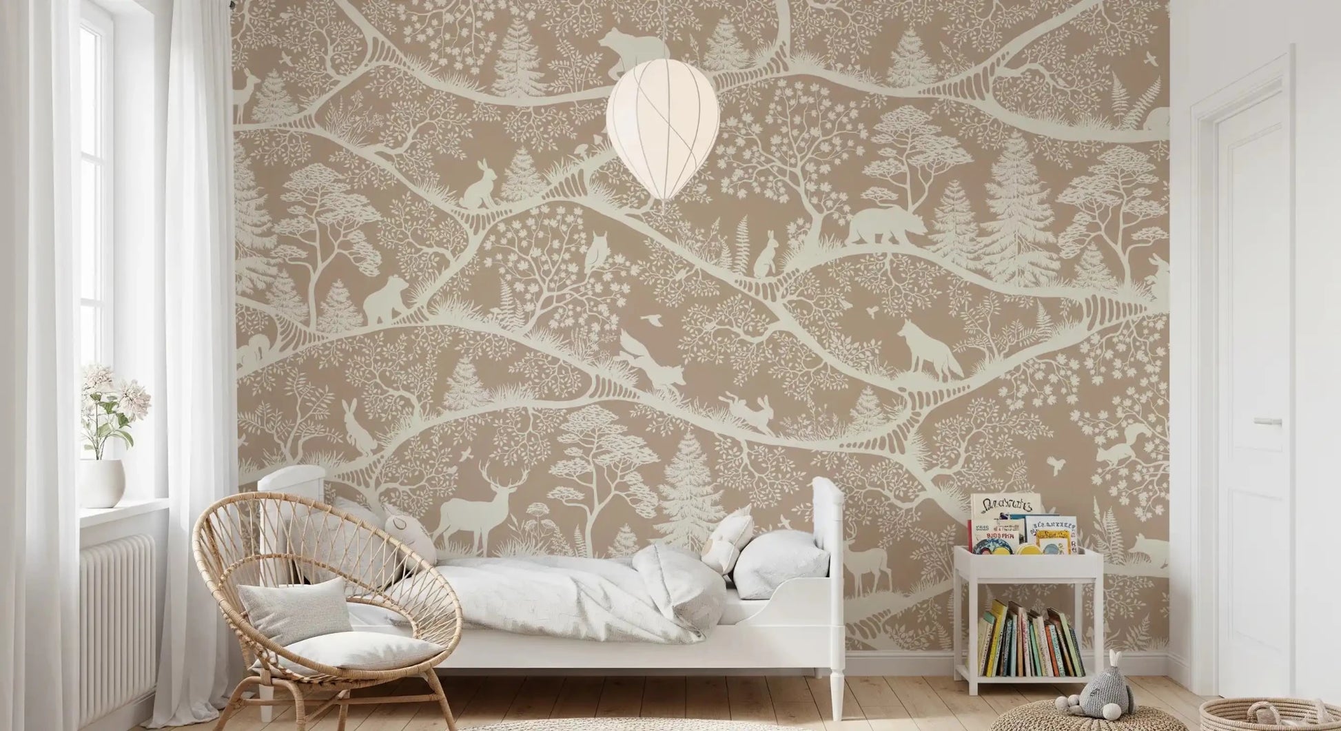 Kids room styled using Nordic Nature Brown White Wall Mural branches, GD9193