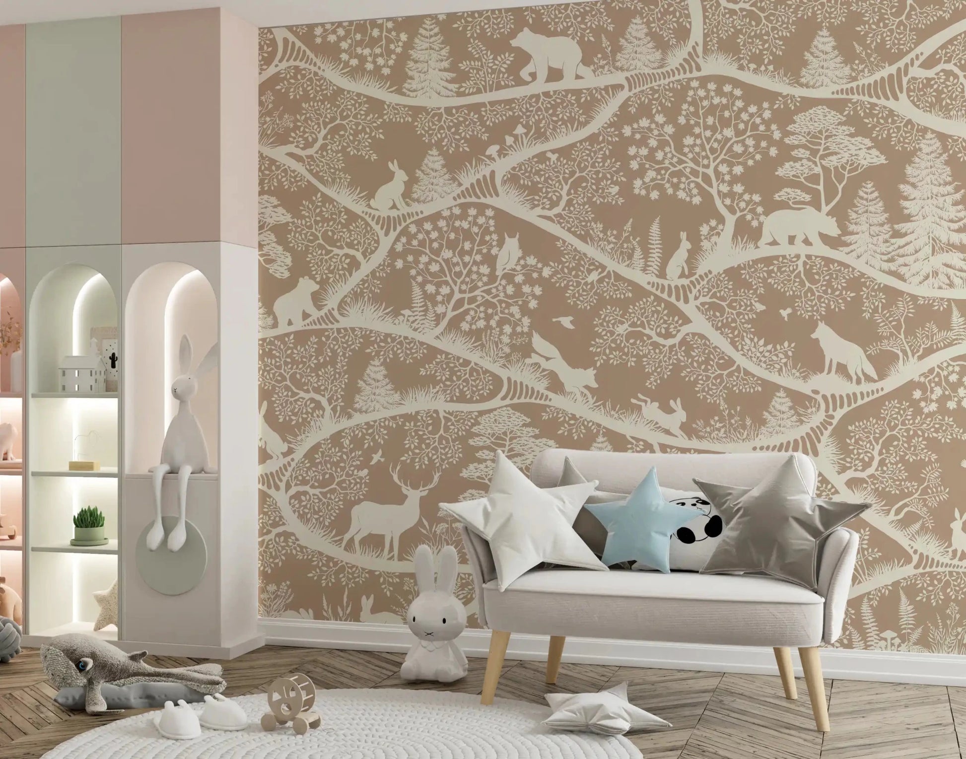 Forest life illustrated in Nordic Nature Brown White Wall Mural, GD9193