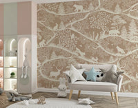Forest life illustrated in Nordic Nature Brown White Wall Mural, GD9193