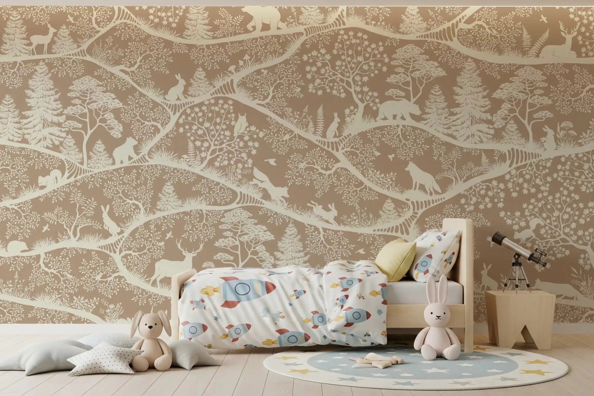 Nordic Nature Brown White Wall Mural with detailed tree outlines, GD9193