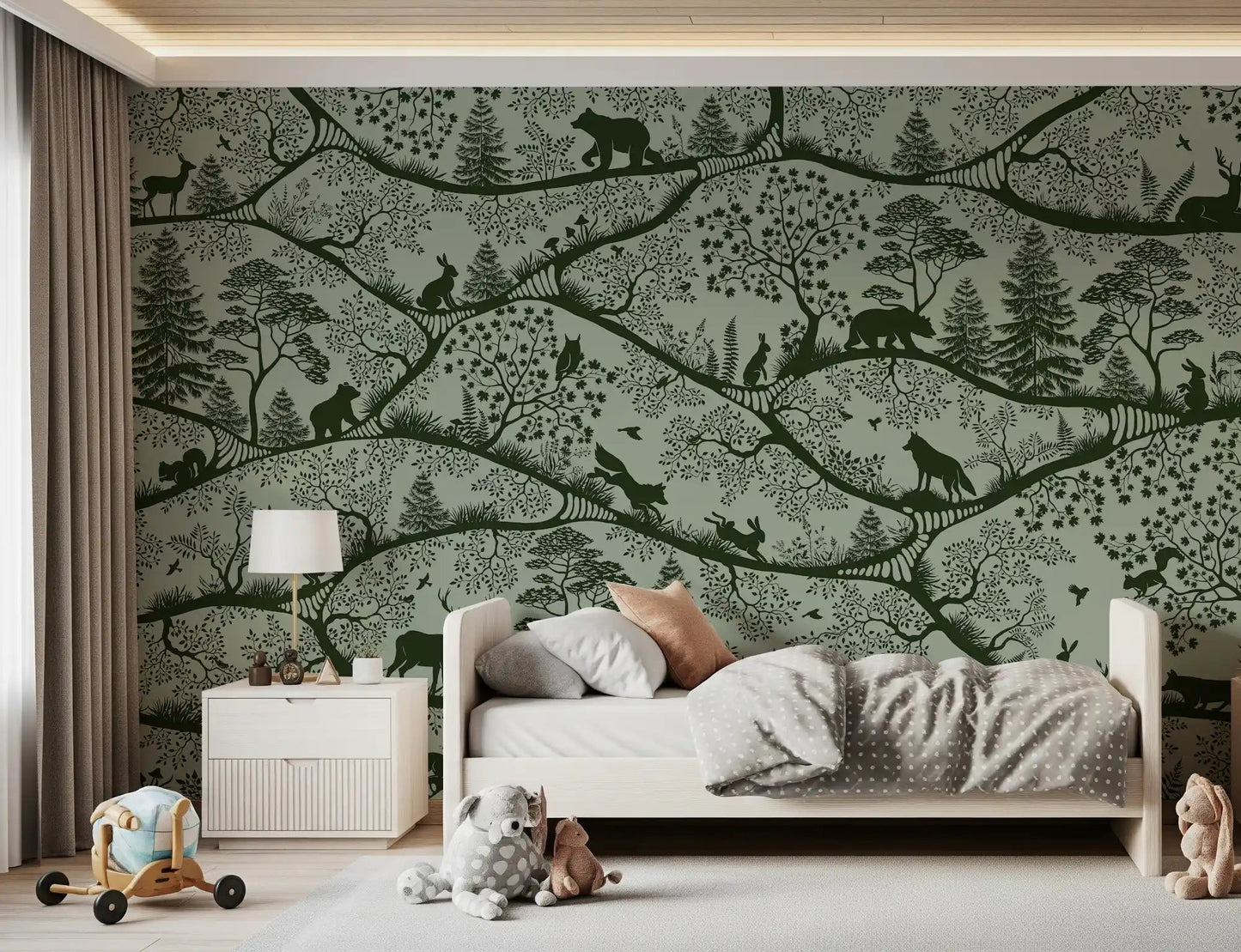 Nordic Nature Green Wall Mural with layered tree branches, GD9188